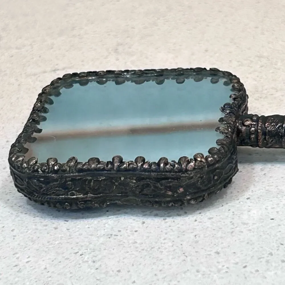 Vtg Chinese Hand Mirror Rounded Corner Squircle W/ Jade Handle & Porcelain Back